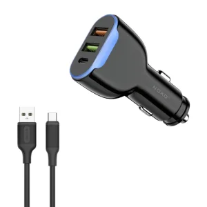 شارژر فندکی 30 وات سه پورت نوکسو مدل CCN-2 به همراه کابل تبدیل USB-A به Type-C نوکسو مدل CN-1 طول 1متر شارژ سریع 2.4 آمپر