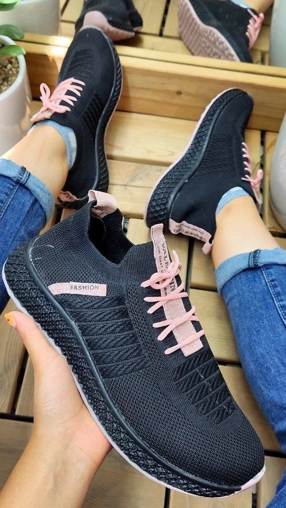 حراج  بزرگ کفش اسپرت و پیاده روی  زنانه جورابی مدل FASHION مشکی صورتی خاص