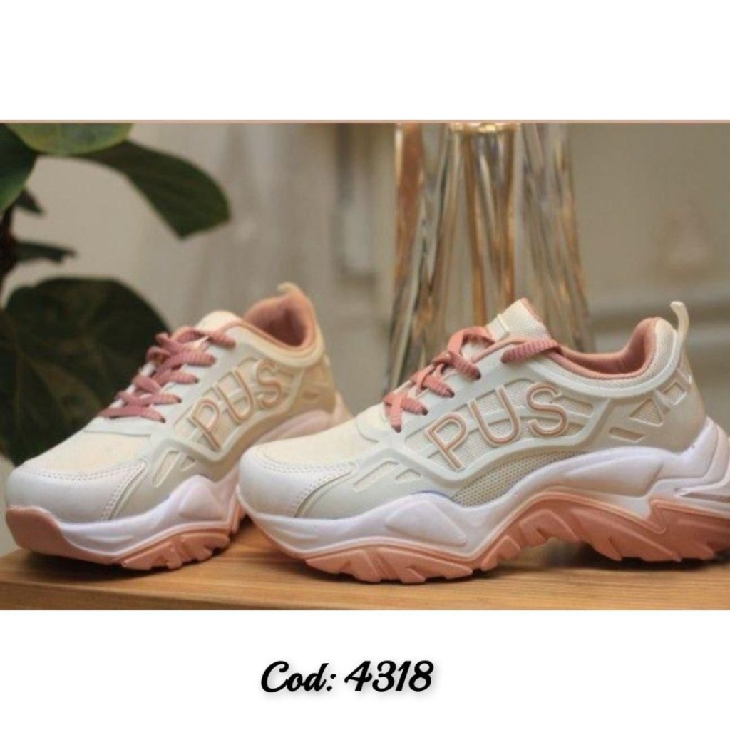 کفش اسپرت کتونی دخترانه زنانه مدل PUS با کیفیت و شیک رنگ سفید کالباسی کد 4318