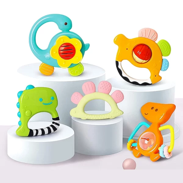 ست جغجغه و دندانگیر نوزاد 5 عددی هولی تویز Huile Toys مدل دایناسور کد 1109