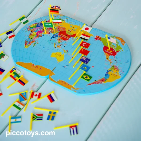 پازل چوبی کودک نقشه جهان با پرچم کد XY5834