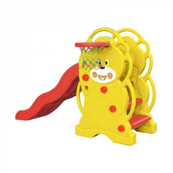 سرسره کودک 3 پله موج دار خرس زرد با حلقه بسکتبال مدل 5065