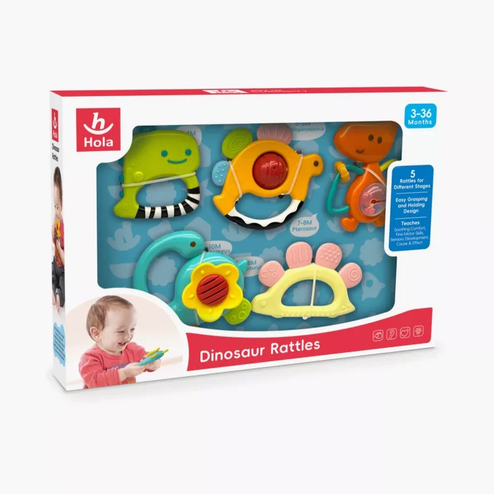 ست جغجغه و دندانگیر نوزاد 5 عددی هولی تویز Huile Toys مدل دایناسور کد 1109