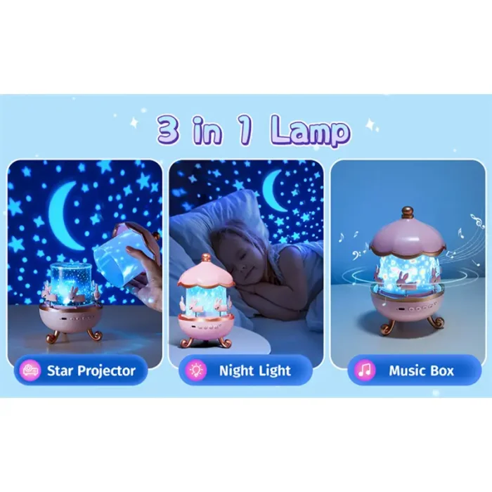 چراغ خواب کودک مدل ‎کاروسل موزیکال طرح چرخ و فلک خرگوش کد WHE11