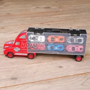 اسباب بازی کامیون قرمز  با حمل ماشین مسابقه
