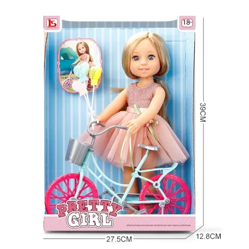 عروسک دخترانه با لباس صورتی و دوچرخه