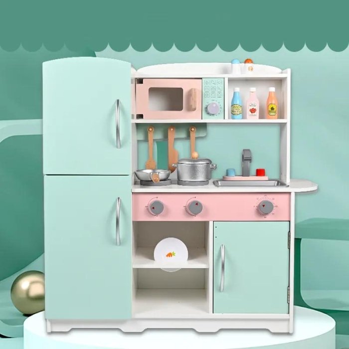 آشپزخانه کودک چوبی به همراه یخچال رنگ سبزآبی کد MMM936