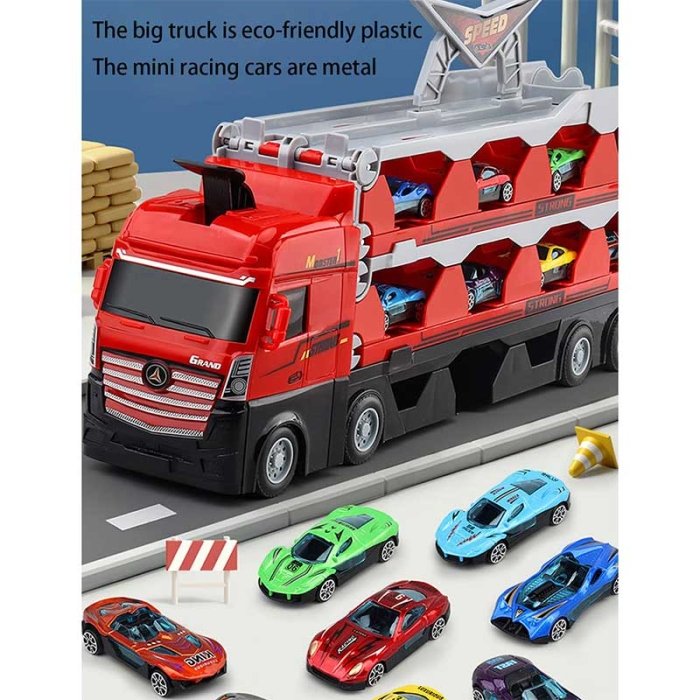اسباب بازی کامیون حمل ماشین مسابقه رنگ قرمز کد D663T201
