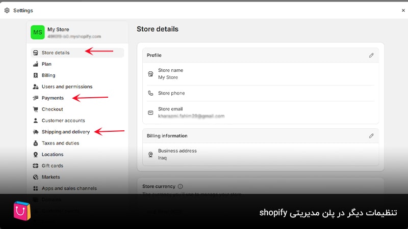 تنظیمات دیگر در پلن مدیریتی shopify