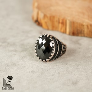 انگشتر نقره 925 مردانه ترک نگین مشکی  FREE SIZE-14378