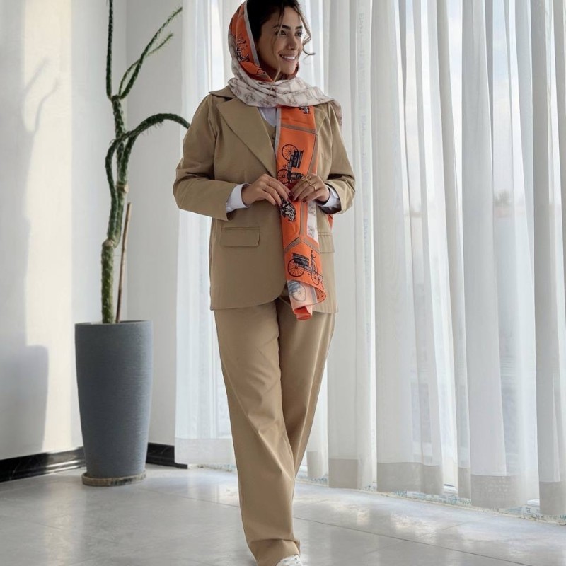 کت کتان زنانه یقه انگلیسی کرمی کد AVA