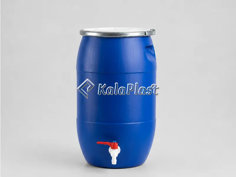 بشکه پلاستیکی ۶۰ لیتری ضخیم کیان با رینگ فلزی و شیر پلاستیکی