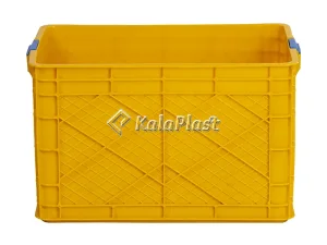 نمای روبه‌روی جعبه صنعتی پلاستیکی زرد کد ۸۵۰ با بدنه مشبک و دهانه باز
