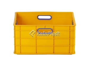 جعبه صنعتی پلاستیکی زرد کد ۶۱۰ با دستگیره‌های آبی، نمای روبه‌رو