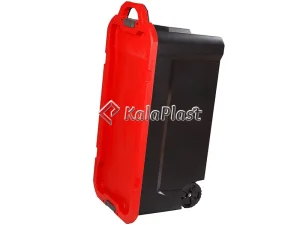 نمای جانبی صندوق چرخدار مشکی با درب قرمز و چرخ کناری