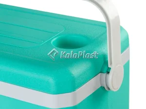 نمای نزدیک درپوش فیروزه‌ای یخدان کولاک ۲۵ لیتری با جای لیوان و اتصال دسته سفید