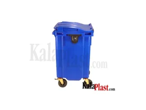 سطل زباله ۷۷۰ لیتری مکانیزه آبی چهارچرخ با درب بسته، نمای جانبی
