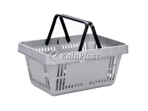 سبد خرید پلاستیکی ۲۸ لیتری طوسی روشن با دو دسته مشکی، نمای سه‌رخ