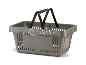سبد خرید پلاستیکی ۲۸ لیتری طوسی تیره با دو دسته مشکی، نمای سه‌رخ