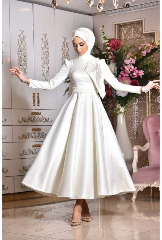 لباس عقد ساتن نگینی سفید