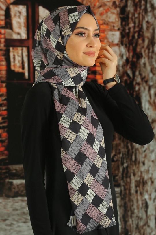 شال نخی طرحدار طوسی صورتی