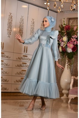 لباس عقد ساتن پردار آبی