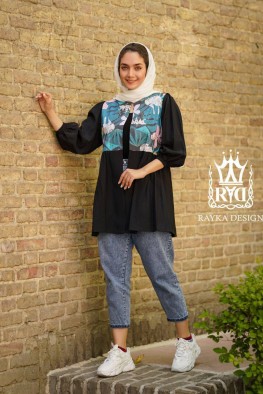 مانتو عروسکی طرح هاوایی مشکی