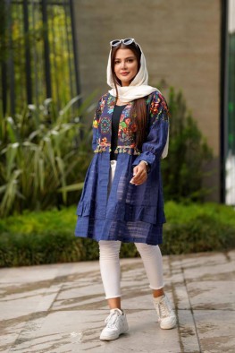 مانتو عروسکی طرحدار آبی نفتی