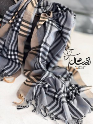 شال پاییزه موهر طرح باربری کرم طوسی