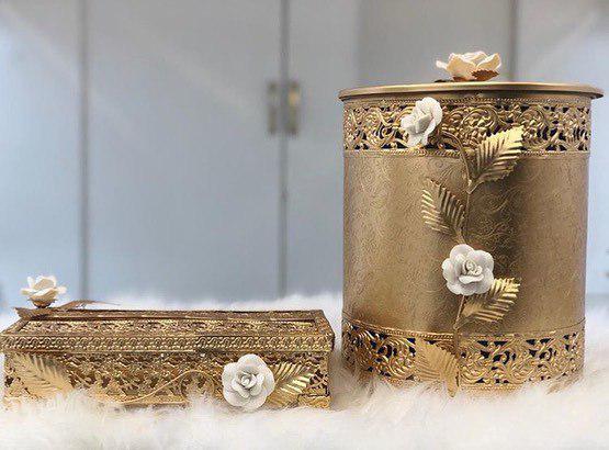 سطل و جادستمال پذیرایی طلایی با گل سفید