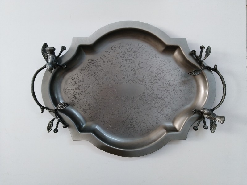 سینی طرح برنجی نقره ای گنجشک(کد 4083)