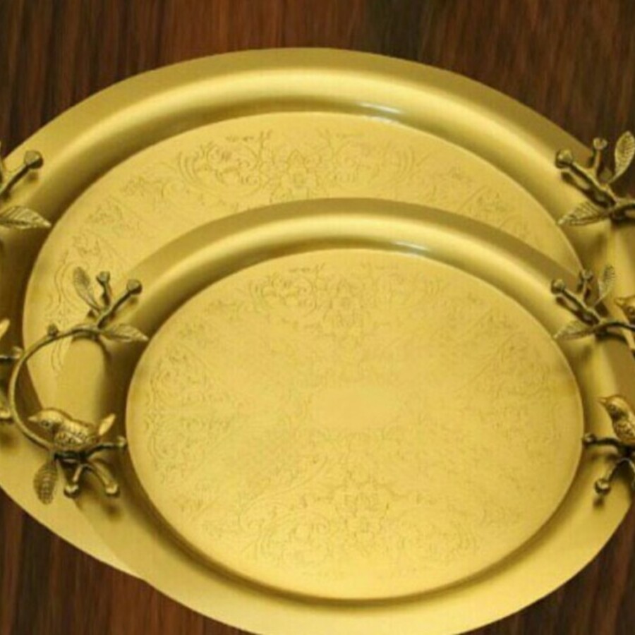 جفت سینی گرد طرح برنجی آنتیک گنجشک(کد 6086 و 6087)