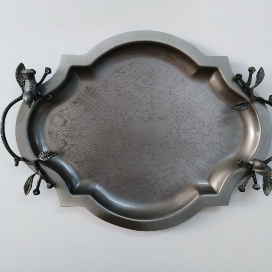 سینی طرح برنجی نقره ای گنجشک(کد 4083)