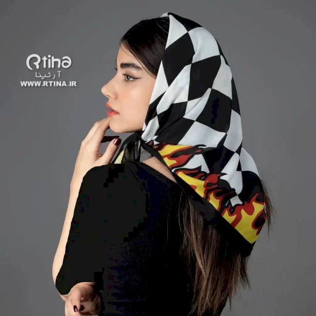 مینی اسکارف شیک زنانه دخترانه طرح شطرنجی با شعله های آتش