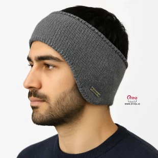 هدبند مردانه بافتنی گوش دار  دولایه /خاکستری تیره