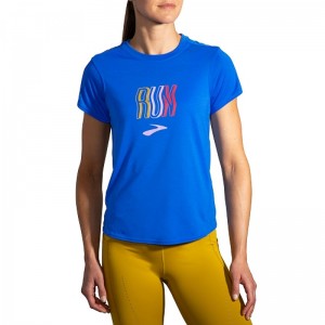 تیشرت ورزشی زنانه بروکس مدل Brooks Women's Distance Graphic Short Sleeve|آبی طرح دار
