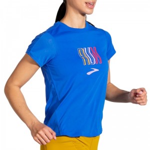 تیشرت ورزشی زنانه بروکس مدل Brooks Women's Distance Graphic Short Sleeve|آبی طرح دار