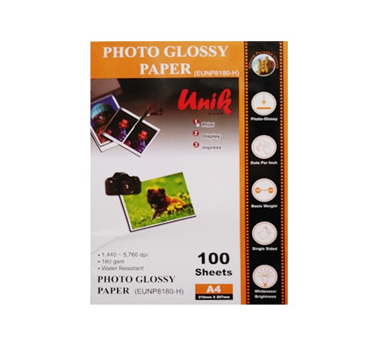 کاغذ فتوگلاسه A4 UNIK 180gsm بسته 100 عددی