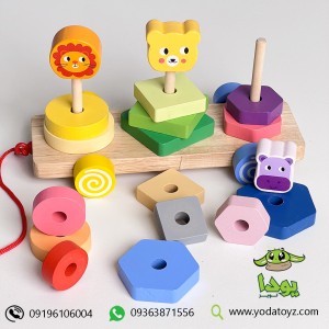 اسباب بازی آموزشی برج هوش حیوانات چوبی چرخ دار کد 1314
