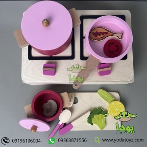 ست قابلمه و ظروف آشپزی چوبی اسباب بازی (سرخابی با در صورتی)