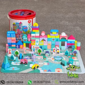 بلوک خانه سازی چوبی سطلی 108 قطعه با فرش بازی jltoys139
