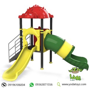 مجموعه فلزی فضای باز با دو  سرسره ( تونلی و ساده) با برج و پله کد PS1104