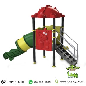 مجموعه فلزی فضای باز با دو  سرسره ( تونلی و ساده) با برج و پله کد PS1104