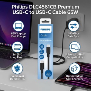 کابل شارژ 65 وات تایپ سی به تایپ سی فیلیپس مدل PHILIPS-DLC4561CB