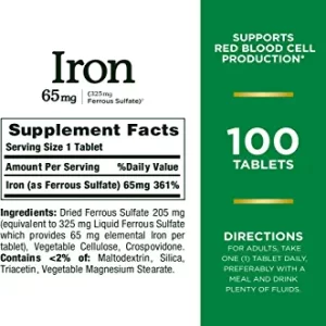 مکمل آهن ۶۵ میلی گرم نیچر بونتی ۱۰۰ عددی ساخت آمریکا Nature’s Bounty Iron 65mg, 325 mg Ferrous Sulfate, Cellular Energy Support, Promotes Normal Red Blood Cell Production, 100 Tablets