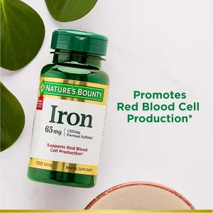 مکمل آهن ۶۵ میلی گرم نیچر بونتی ۱۰۰ عددی ساخت آمریکا Nature’s Bounty Iron 65mg, 325 mg Ferrous Sulfate, Cellular Energy Support, Promotes Normal Red Blood Cell Production, 100 Tablets