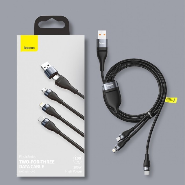 کابل شارژ 100 وات سه سر Flash Series  بیسوس Baseus Flash Series Two-for-three Fast Charging Data Cable U+C to M+L+C 100W