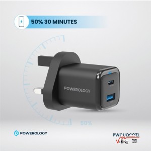 شارژر دیواری پاورلوژی مدل GAN35W دو پورت USB-C و USB-A + کابل تایپ C