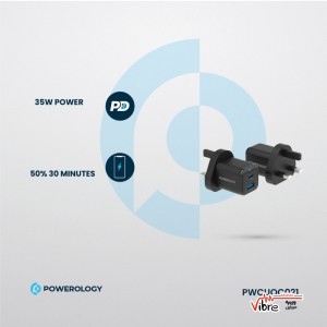 شارژر دیواری پاورلوژی مدل GAN35W دو پورت USB-C و USB-A + کابل تایپ C