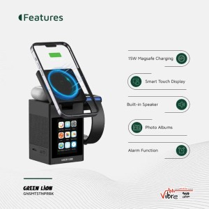 استند شارژر بی‌سیم گرین لاین با صفحه نمایش LCD و بلندگو مدل Green Lion Smart Station Pro LCD Wireless Charger with Speaker